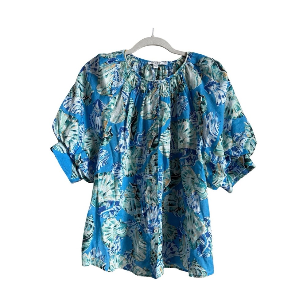 Chico's Blue Seashell Ramie Puff Sleeve Button Up Blouse Women Sz 3 (16) Coastal